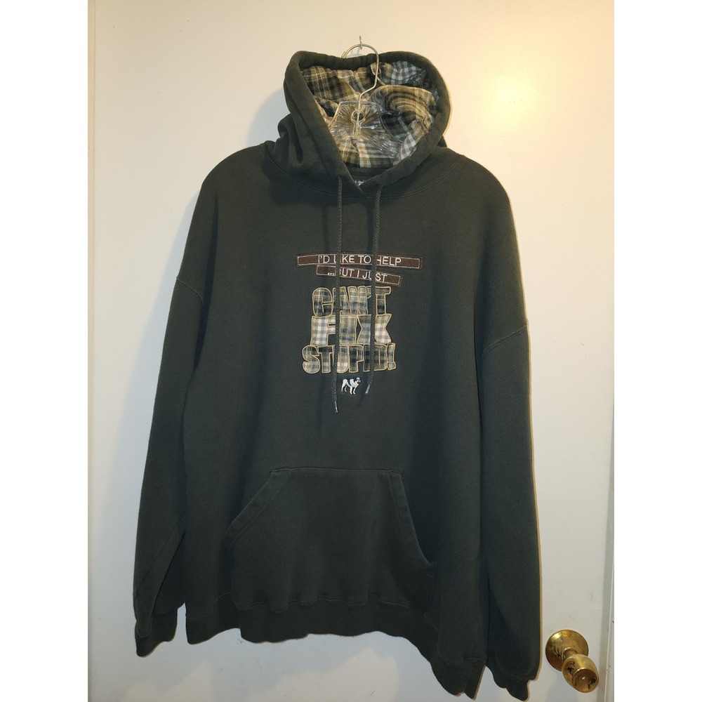 Big Dogs Mens Cant Fix Stupid Plaid Lined Hoodie Forest Green XL Fun & Attitude
